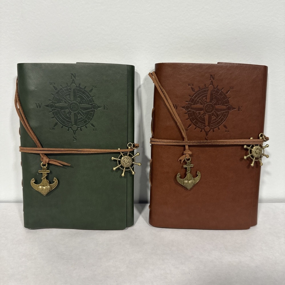 Set of 2 Vintage Style PU Leather Journals, 5" x 7.12", Brown and Green Antique
